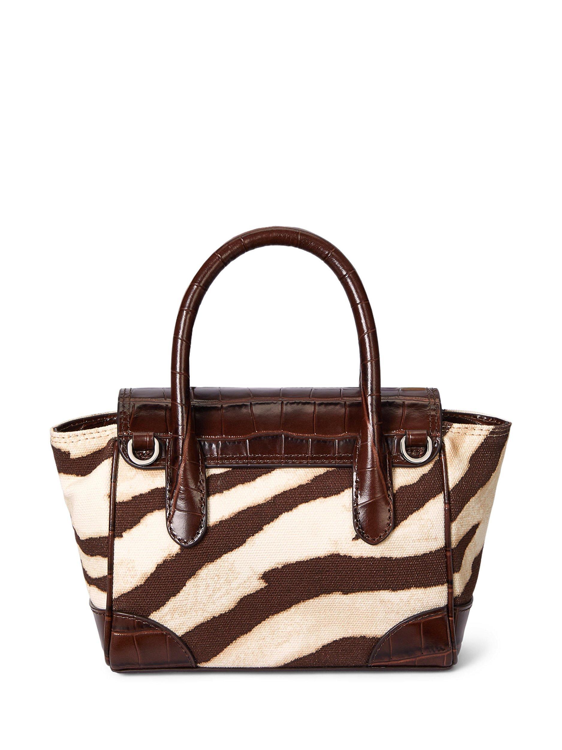Product image 2 of 6, which shows Ralph Lauren Canvas  Zebra Print Small Tanner Satchel, Zebra/Hickory