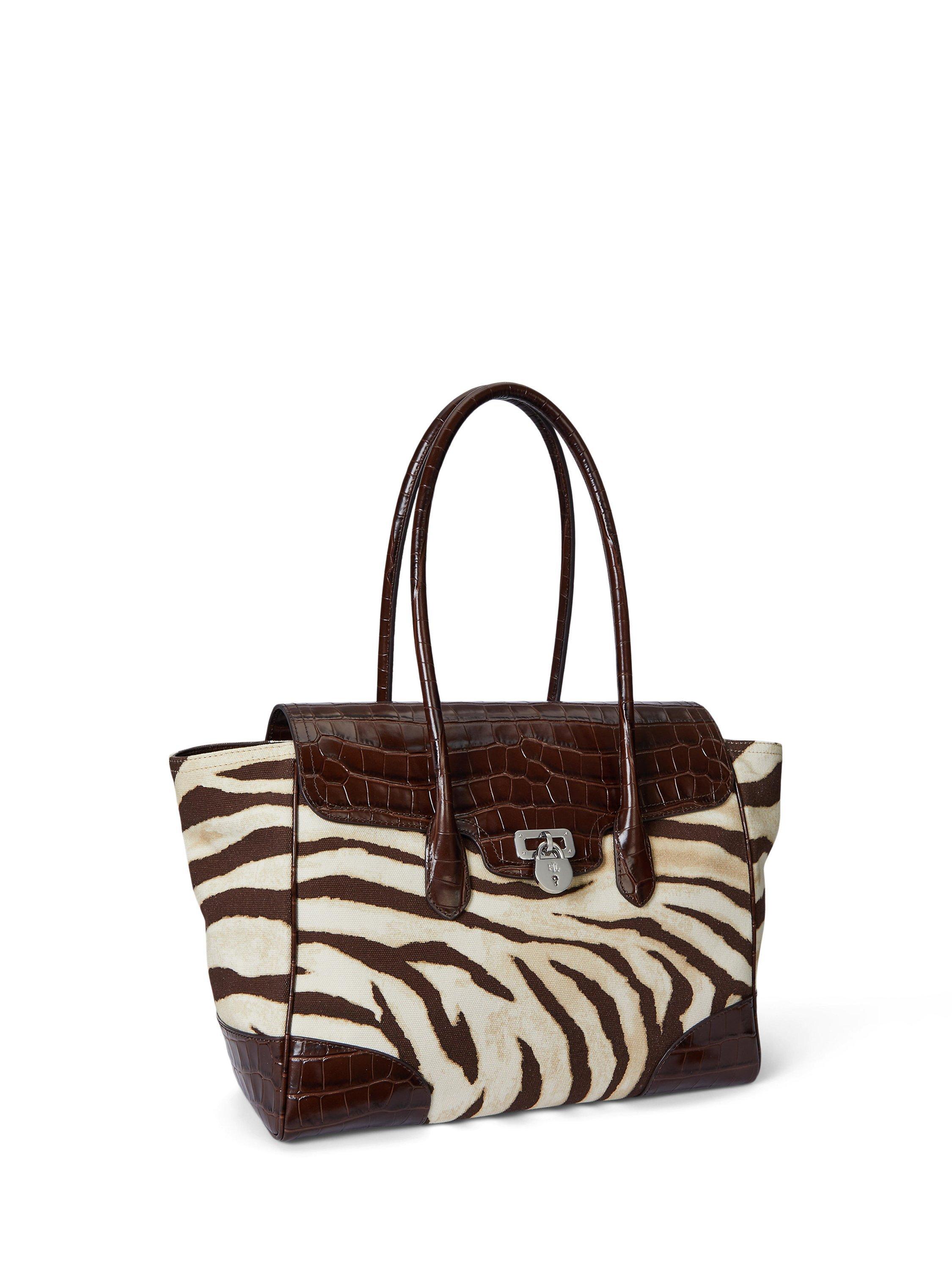 Product image 2 of 6, which shows Ralph Lauren Canvas  Zebra Print Large Tanner Satchel, Zebra/Hickory