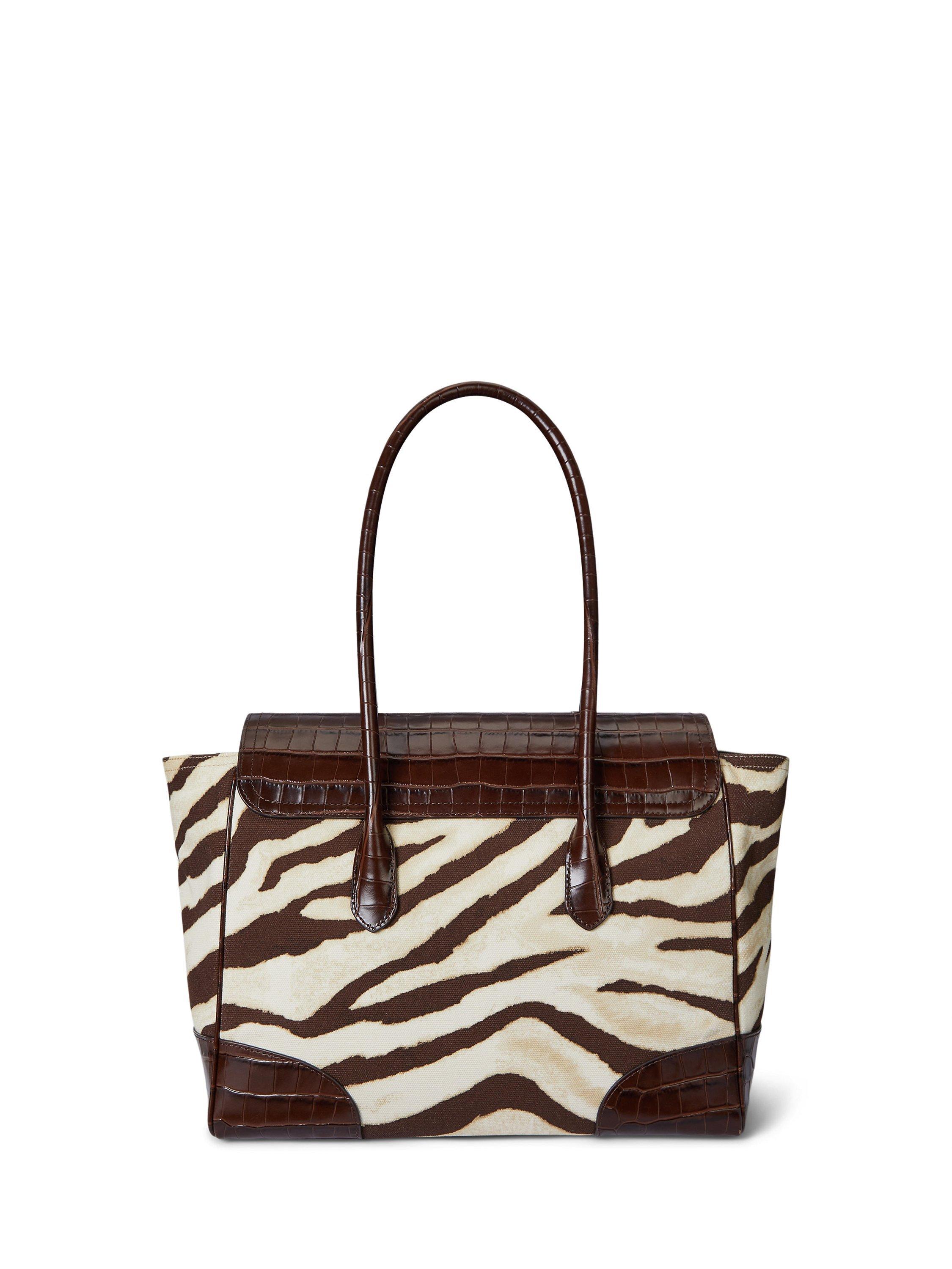 Product image 3 of 6, which shows Ralph Lauren Canvas  Zebra Print Large Tanner Satchel, Zebra/Hickory