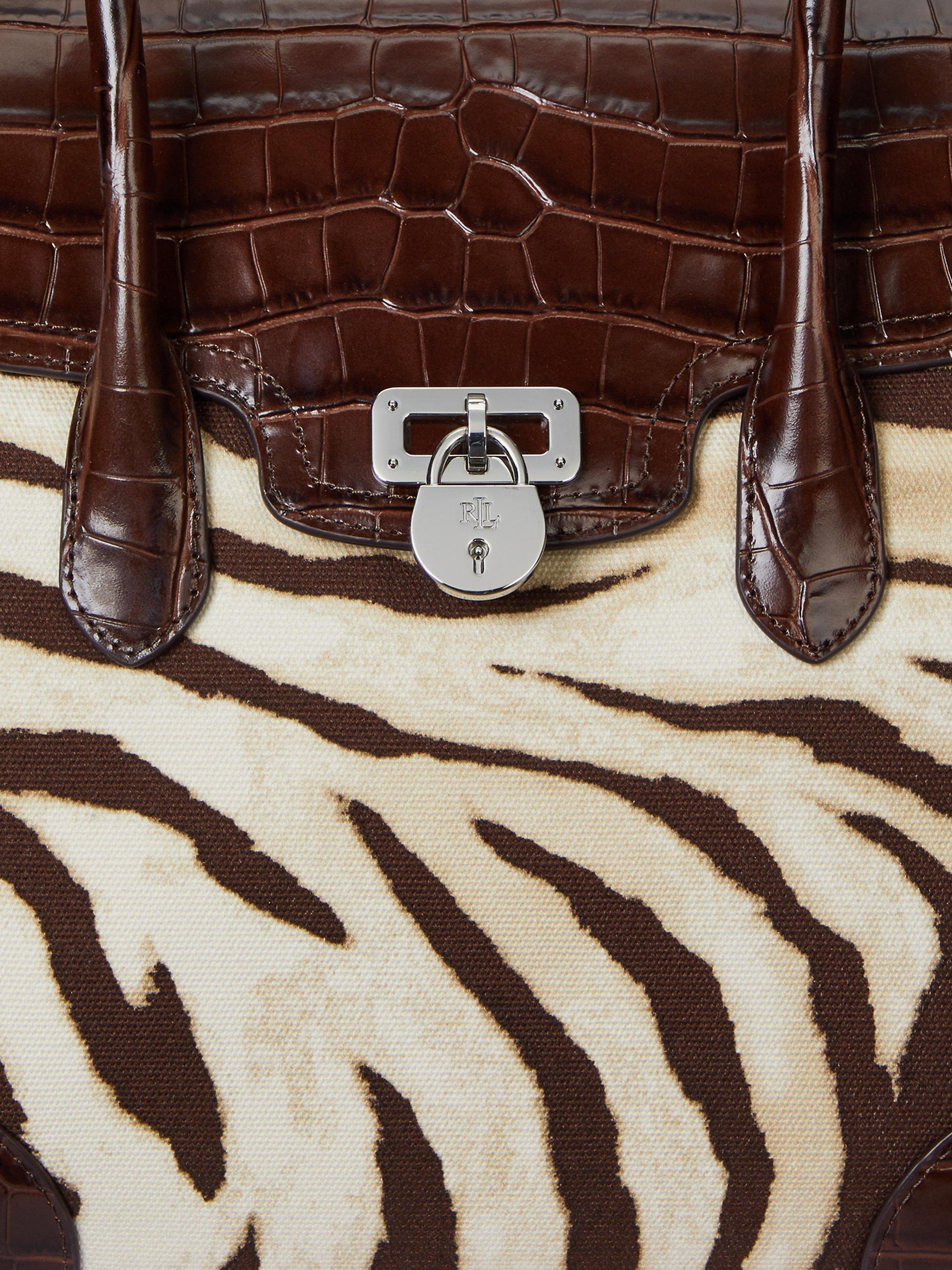 Product image 6 of 6, which shows Ralph Lauren Canvas  Zebra Print Large Tanner Satchel, Zebra/Hickory