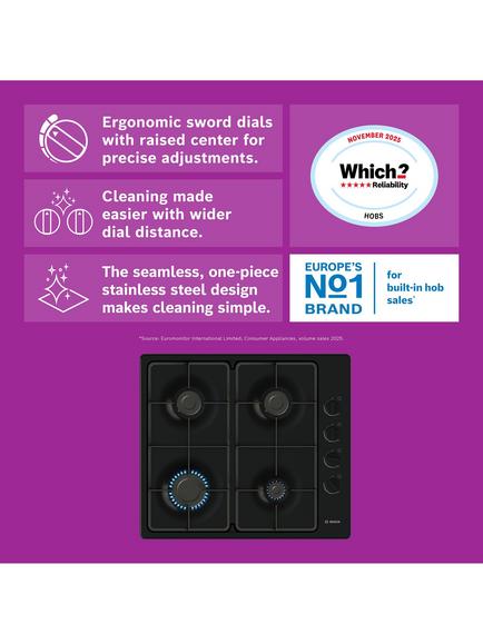 Bosch Series 2 60cm Gas Hob, PBP6B6K60, PBP6B5K60 - view 2, Black