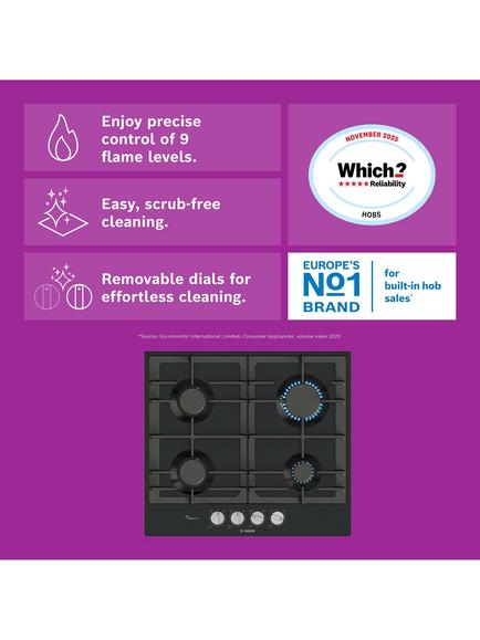 Bosch Series 6 60cm Gas Hob, PCP6A6I90, PCP6A5I90 - view 2, Black