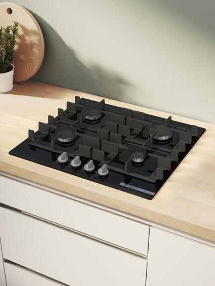 Bosch Series 4 PNP6B6K40 60cm Gas Hob, Black Tempered Glass - view 2, Black Tempered Glass