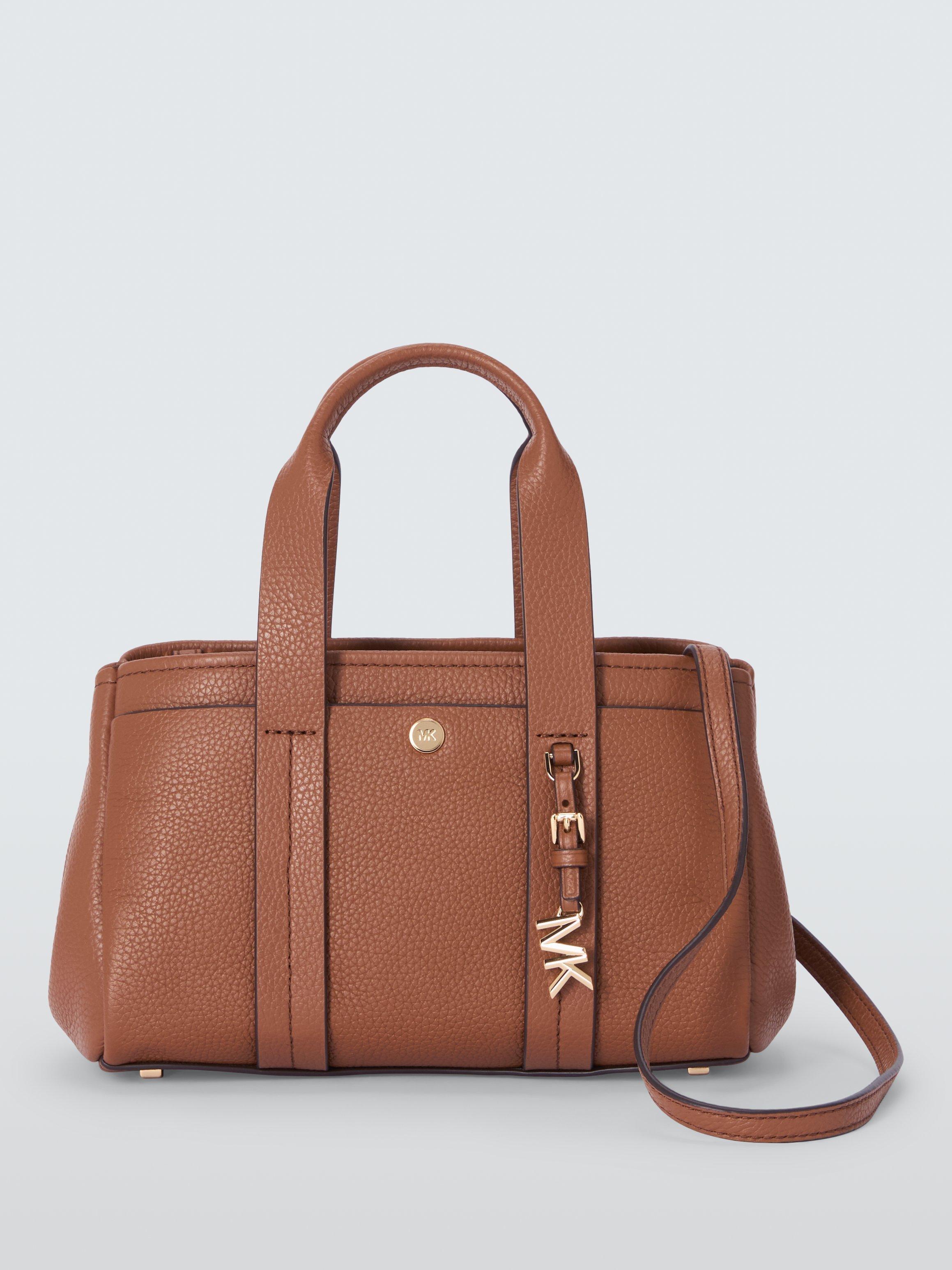 Product image 1 of 6, which shows Michael Kors Romee Leather Cross Body Luggage Bag, Brown