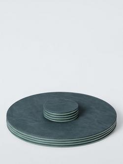 John Lewis Reversible Round Faux Leather Placemat & Coaster, Set of 4, Blue/Sage - view 2, Blue/Sage