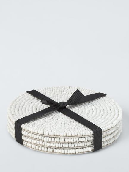 John Lewis Beaded Round Coasters, Set of 4, White - view 2, White