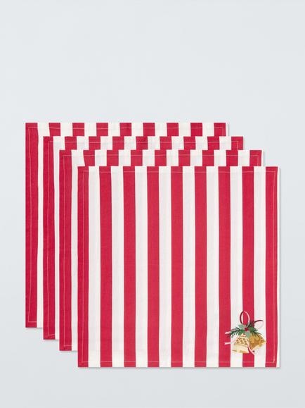 John Lewis Christmas Bells Stripe Cotton Napkin, Set of 4, Red, Multi