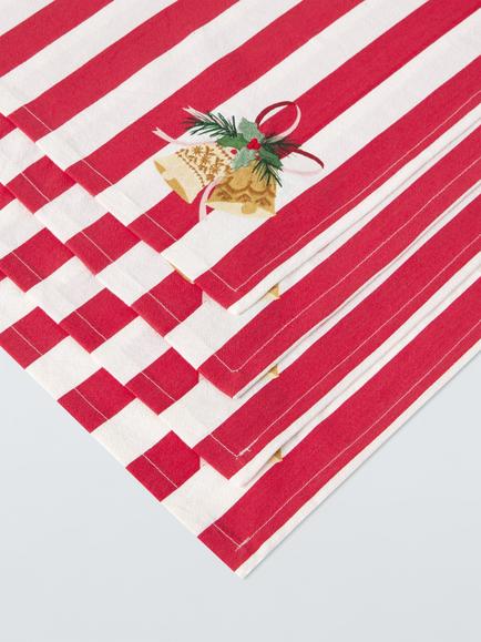 John Lewis Christmas Bells Stripe Cotton Napkin, Set of 4, Red - view 2, Multi