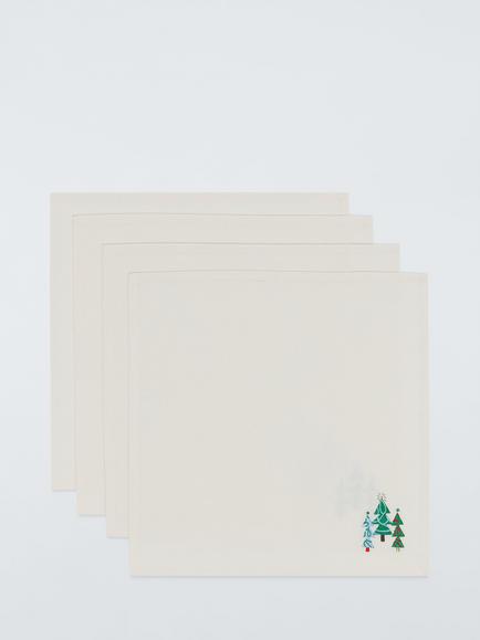 John Lewis Embroidered Christmas Tree Cotton Napkins, Set of 4, Natural