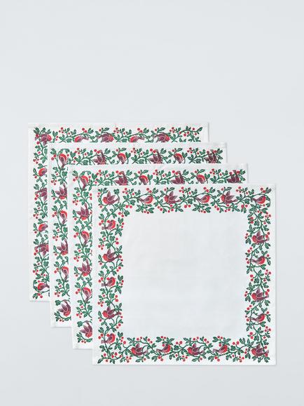 John Lewis Robin Border Cotton Napkins, Set of 4, White, White