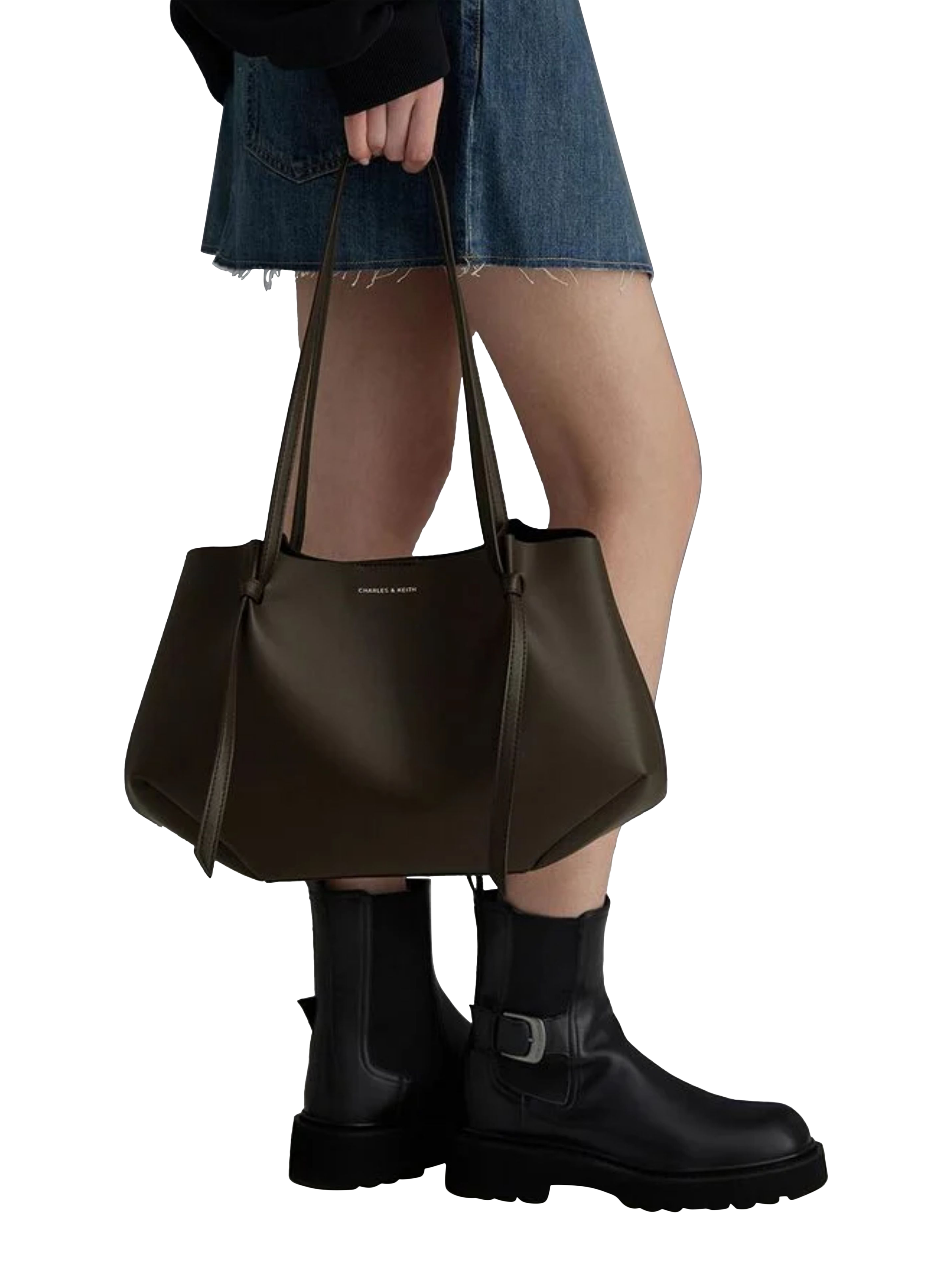 Product image 2 of 7, which shows CHARLES & KEITH Calla Faux Leather Tote Bag, Dark Moss