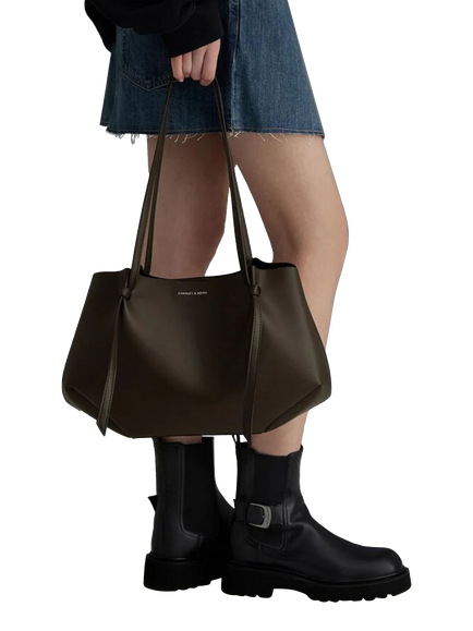 CHARLES & KEITH Calla Faux Leather Tote Bag - view 2, Dark Moss