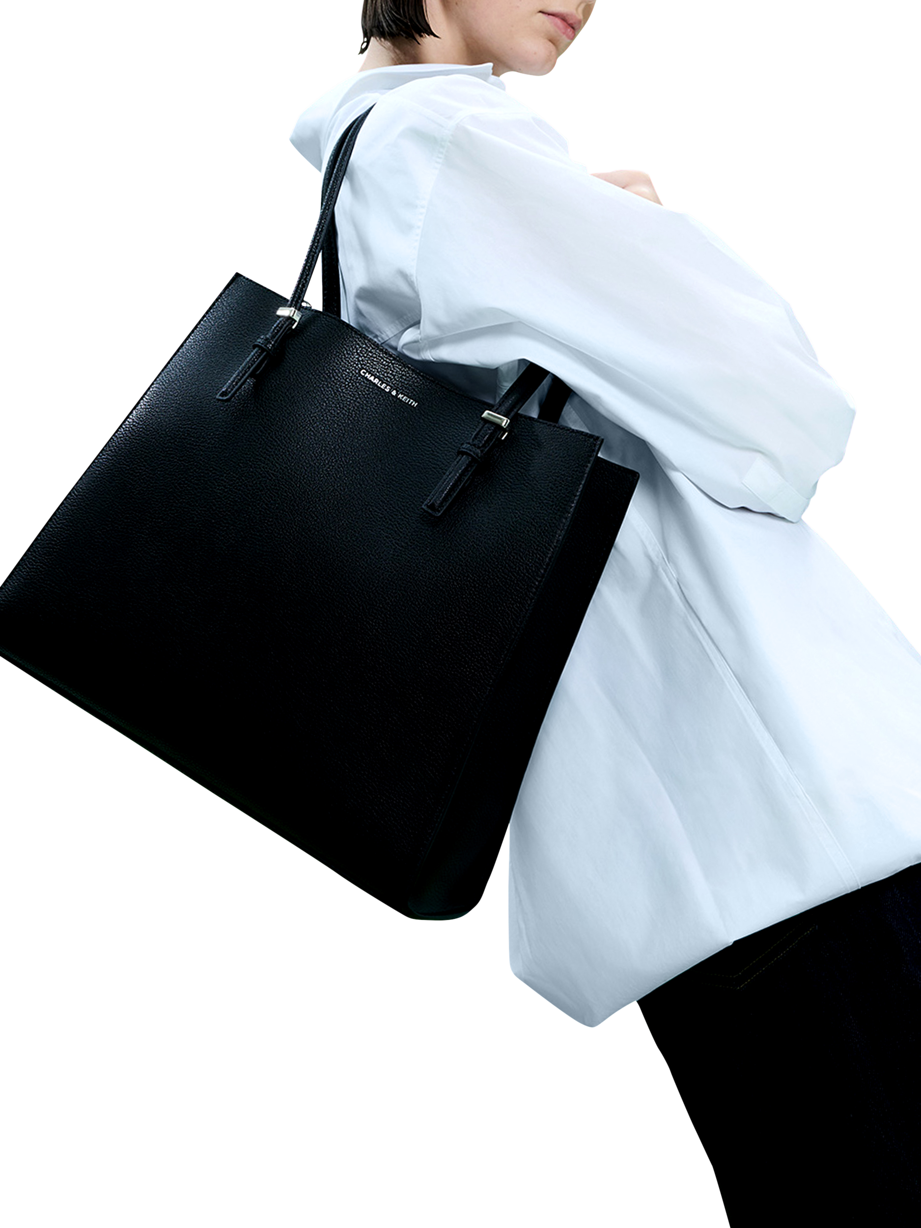 Product image 6 of 6, which shows CHARLES & KEITH Sansa Faux Leather Tote Bag, Black