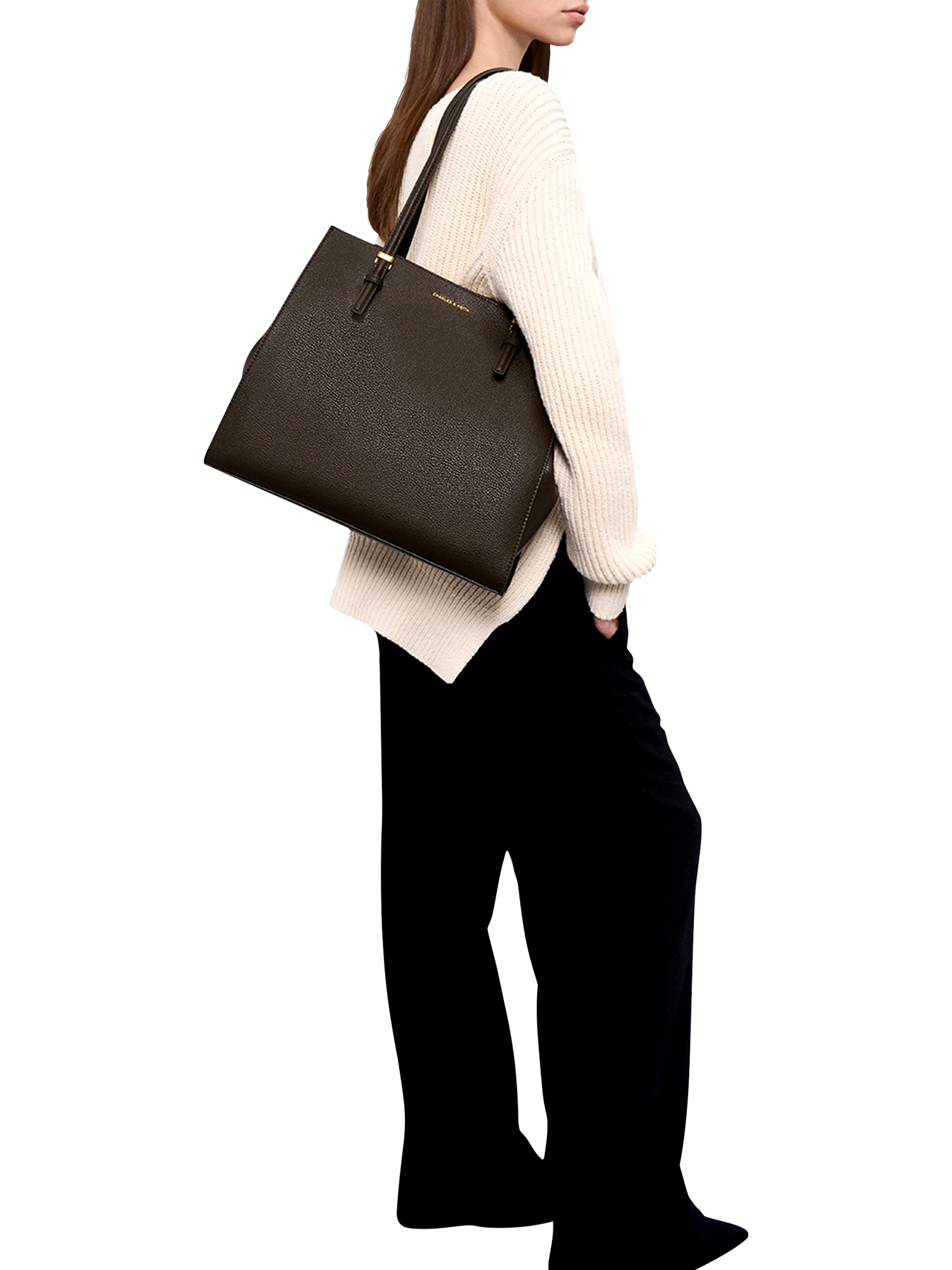 Product image 6 of 7, which shows CHARLES & KEITH Sansa Faux Leather Tote Bag, Dark Moss