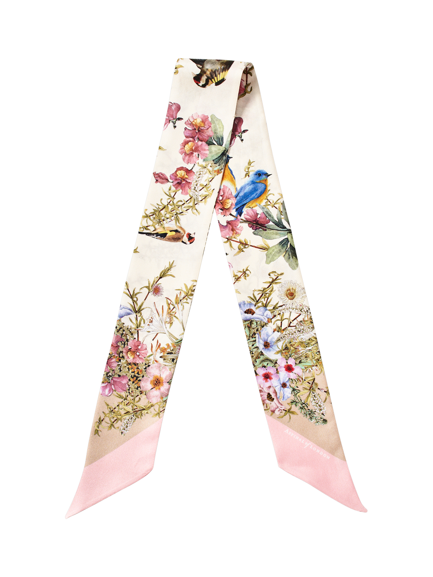 Product image 1 of 2, which shows Aspinal of London Edwardian Garden Silk Twilly Scarf, Taupe