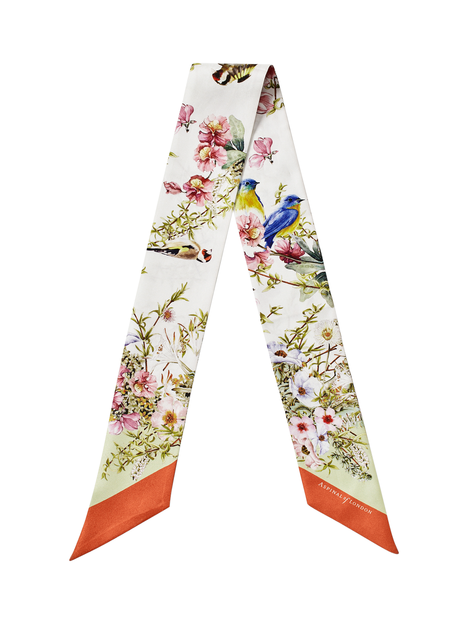 Product image 1 of 2, which shows Aspinal of London Edwardian Garden Silk Twilly Scarf, Coral