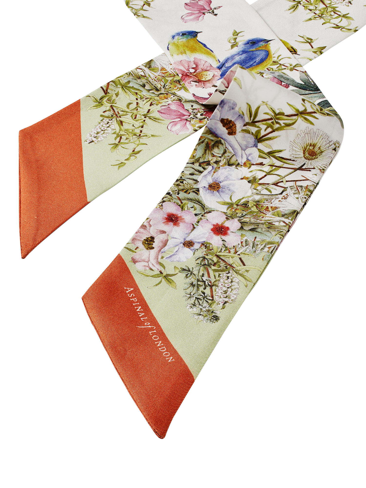 Product image 2 of 2, which shows Aspinal of London Edwardian Garden Silk Twilly Scarf, Coral