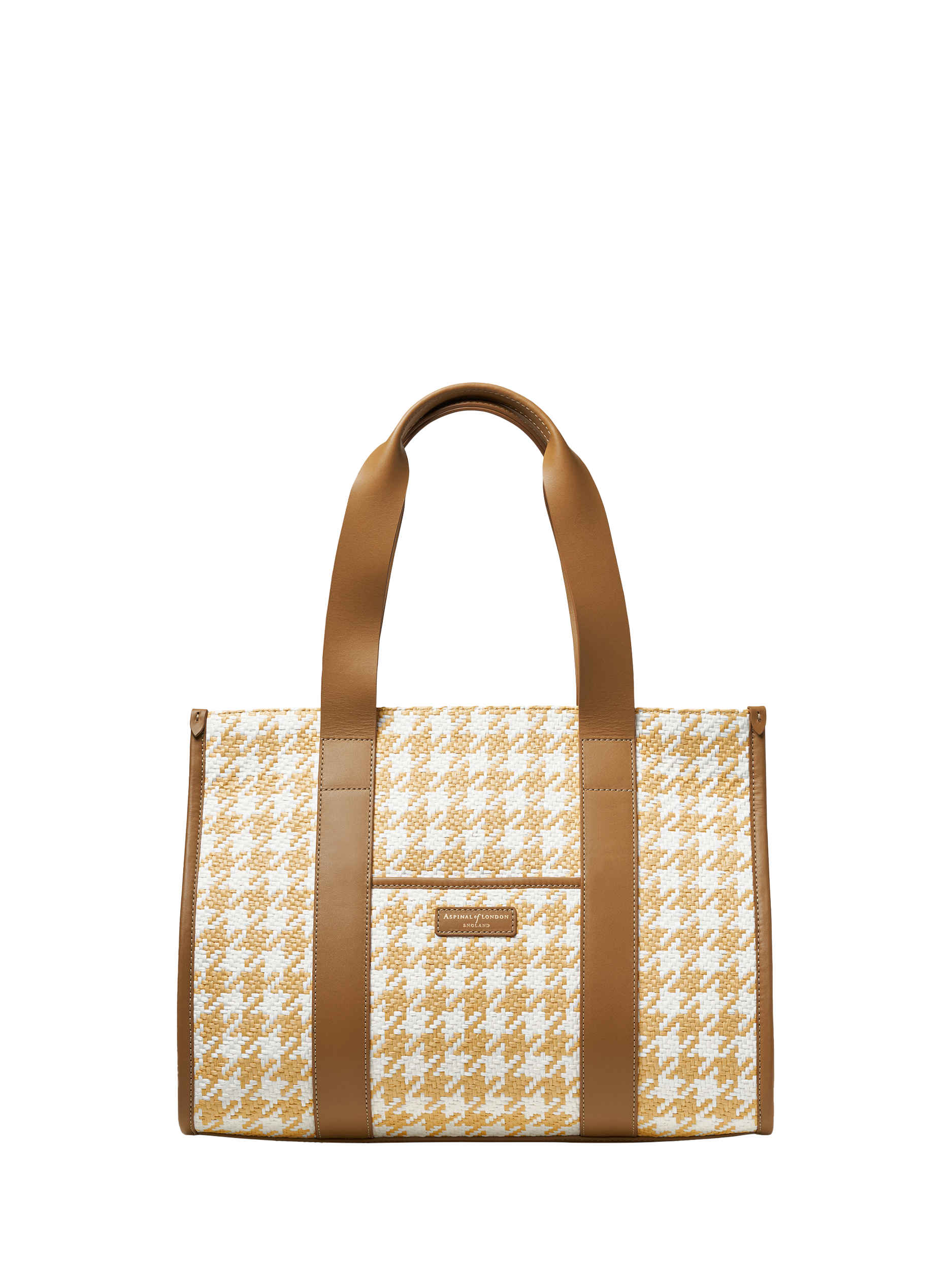 Product image 1 of 6, which shows Aspinal of London Henley Raffia Houndstooth Tote Bag, Neutral