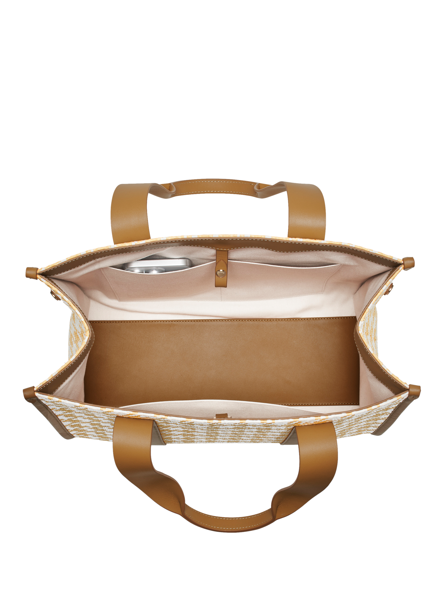 Product image 6 of 6, which shows Aspinal of London Henley Raffia Houndstooth Tote Bag, Neutral
