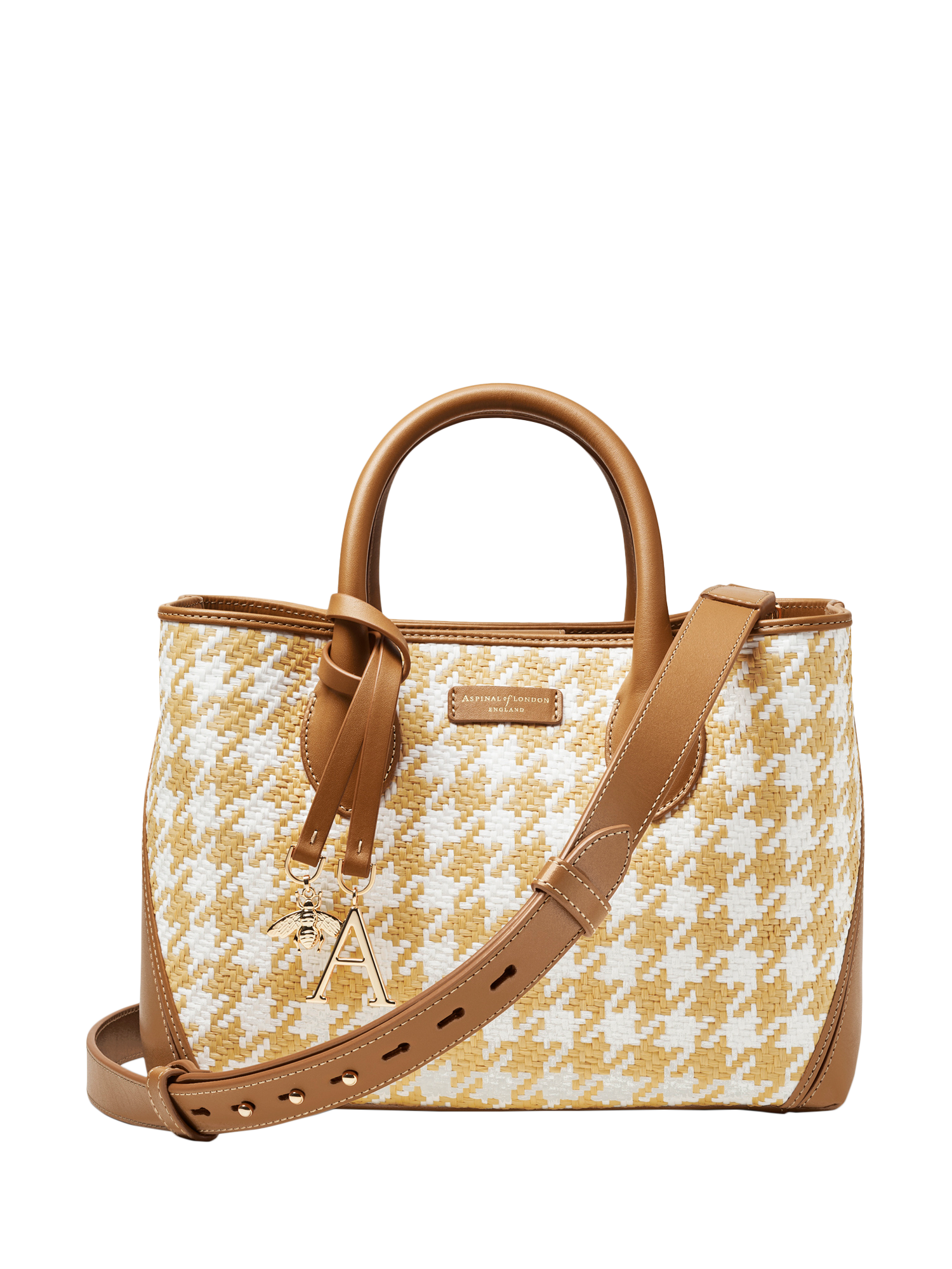 Aspinal of London London Midi Raffia Houndstooth Tote Bag, Neutral