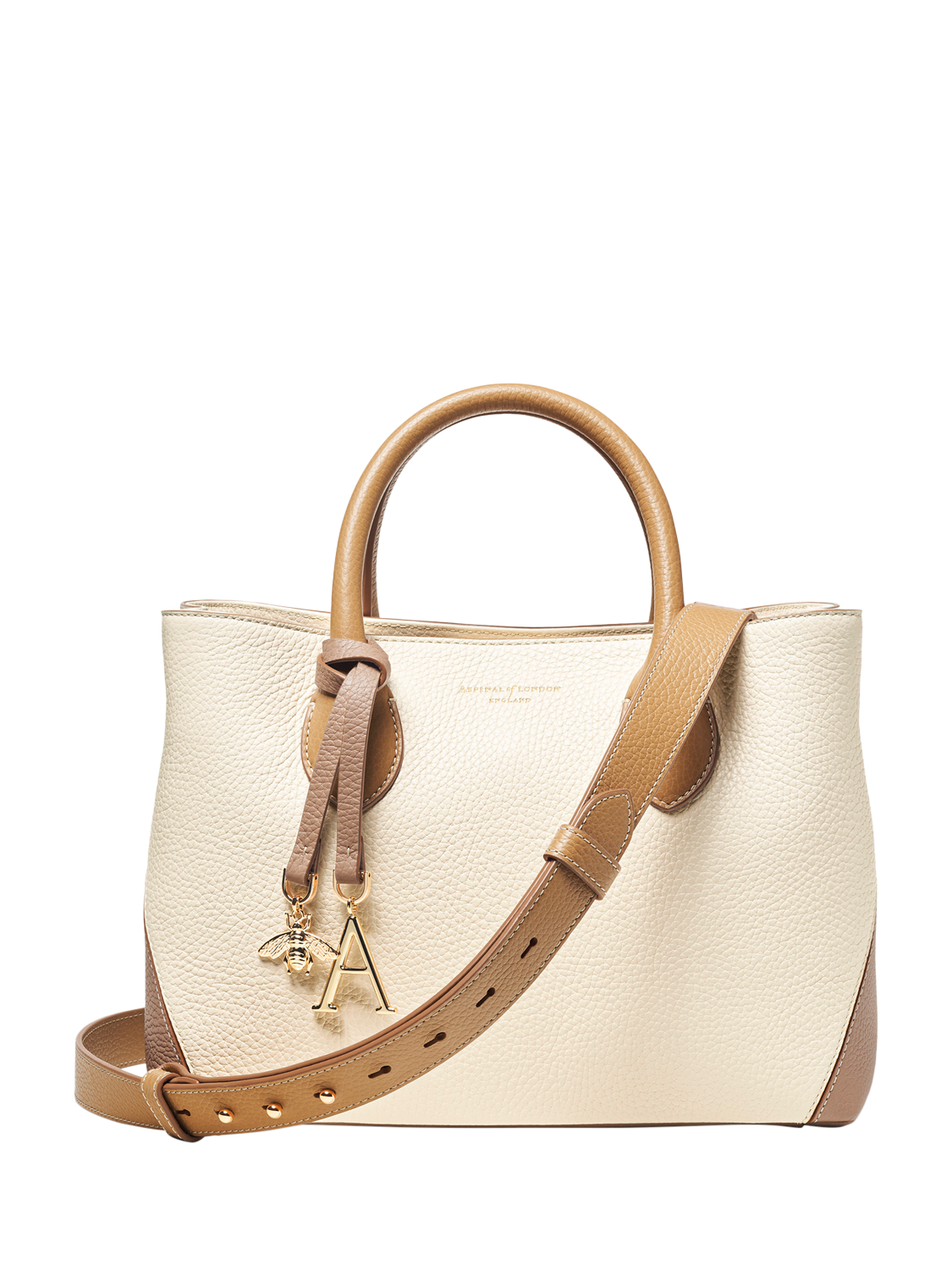 Product image 1 of 5, which shows Aspinal of London Midi London Smooth Leather Tote Bag, Taupe