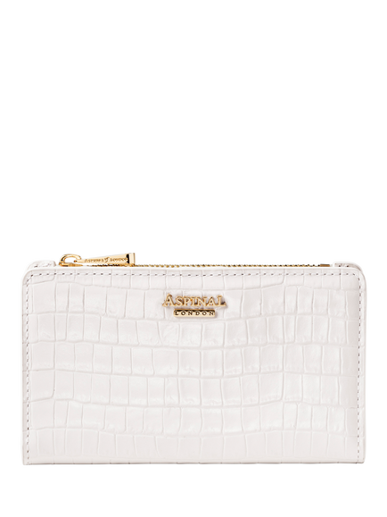 Aspinal of London Mayfair Faux Patent Croc Leather Coin & Card Bifold Purse, Chalk White