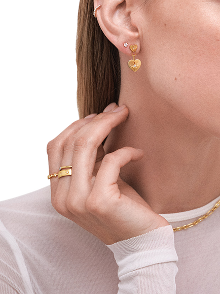Astley Clarke Double Heart Drop Earrings, Gold - view 2, Gold