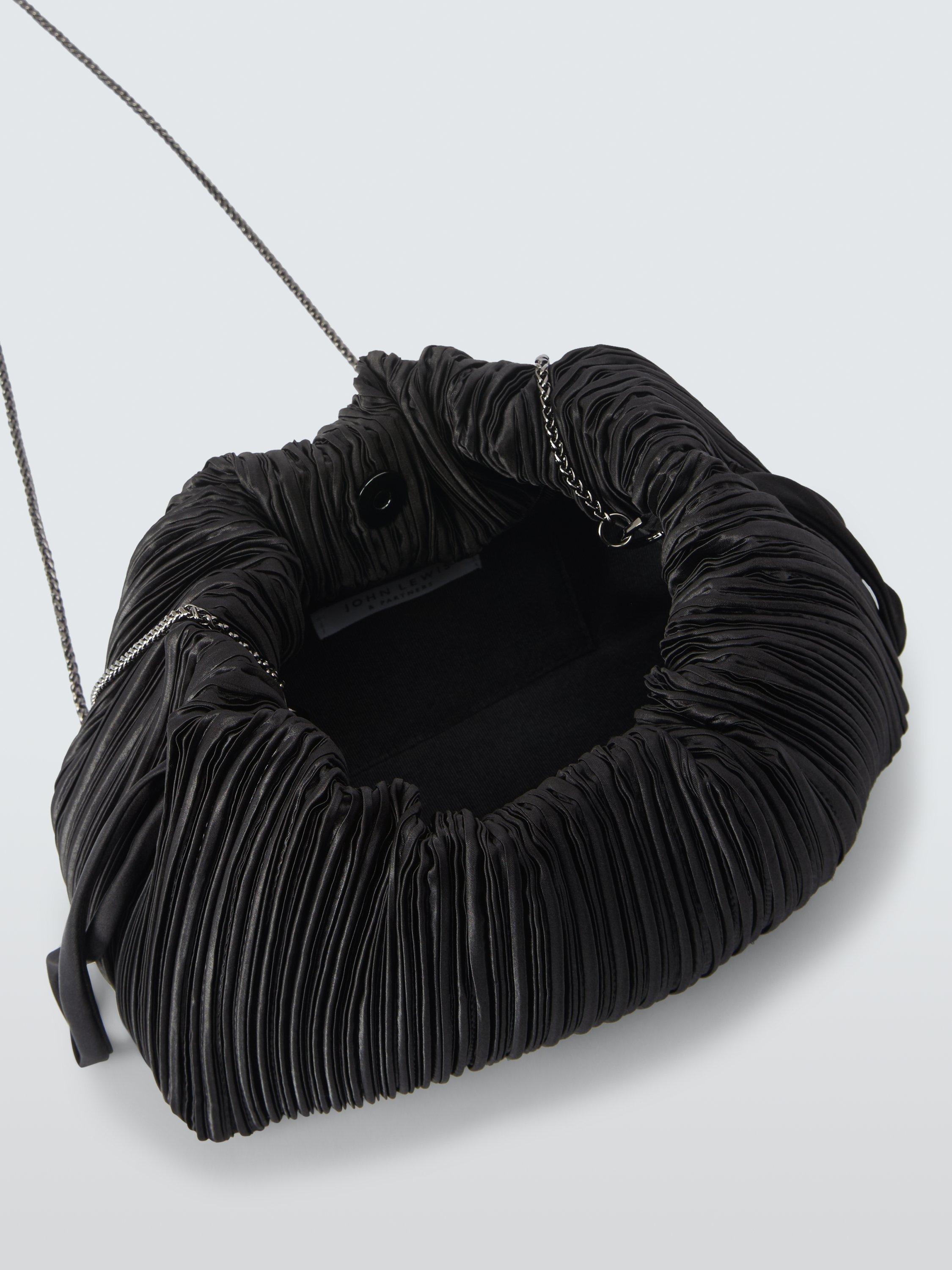 Product image 4 of 6, which shows John Lewis Pleated Satin Drawstring Crossbody Bag, Black
