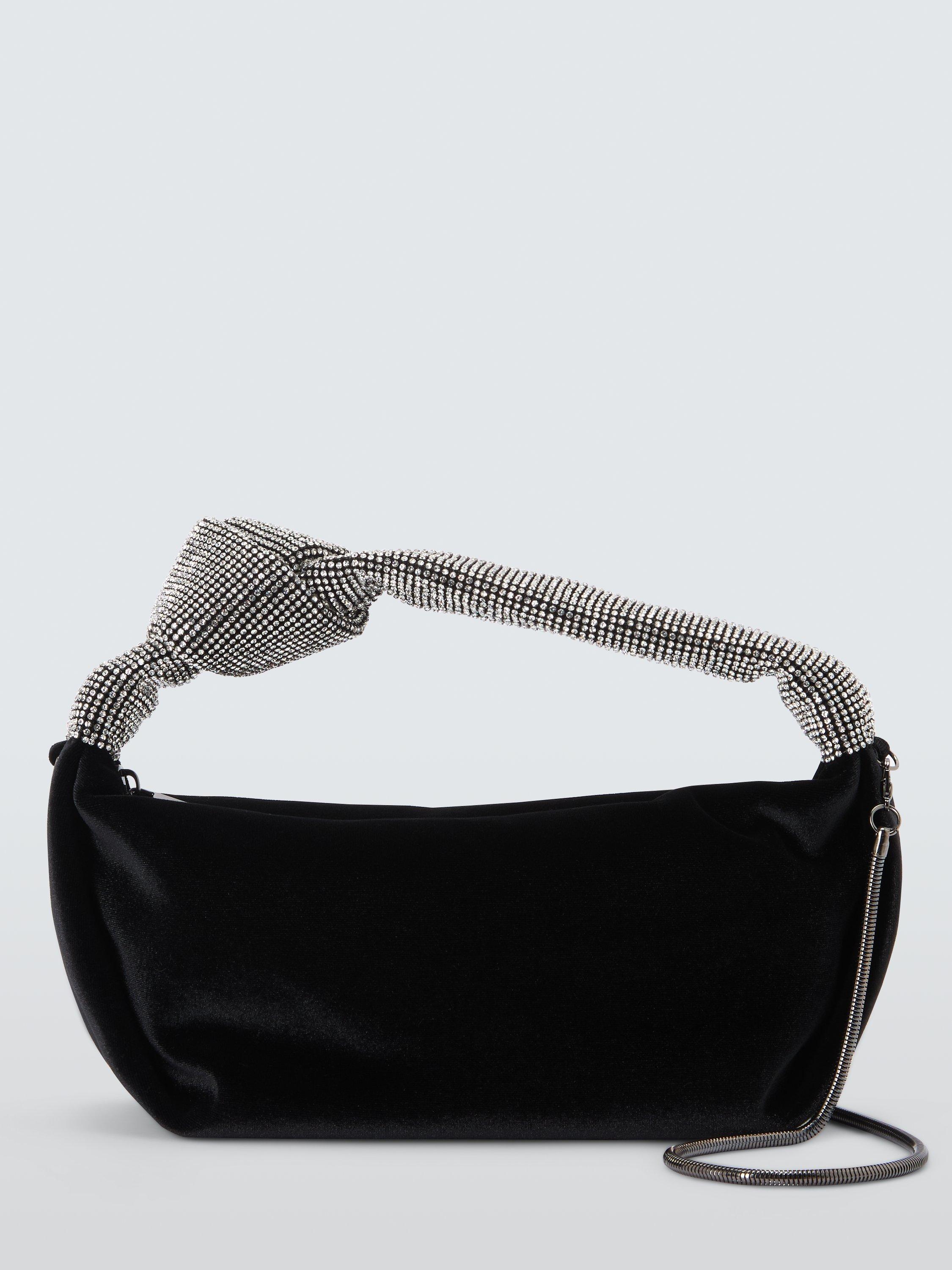 Product image 1 of 6, which shows John Lewis Velvet Knot Handle Zip Bag, Black