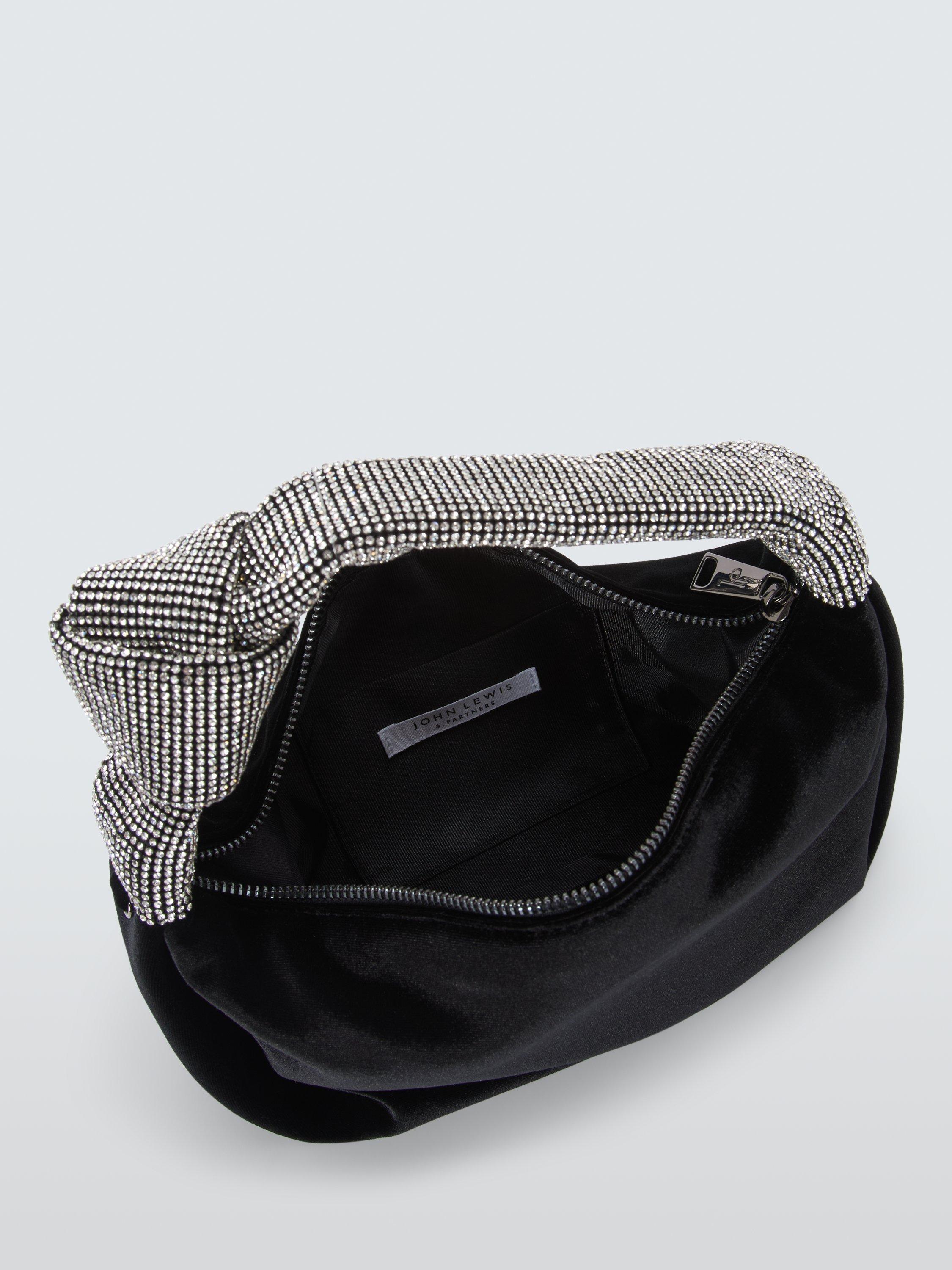 Product image 4 of 6, which shows John Lewis Velvet Knot Handle Zip Bag, Black