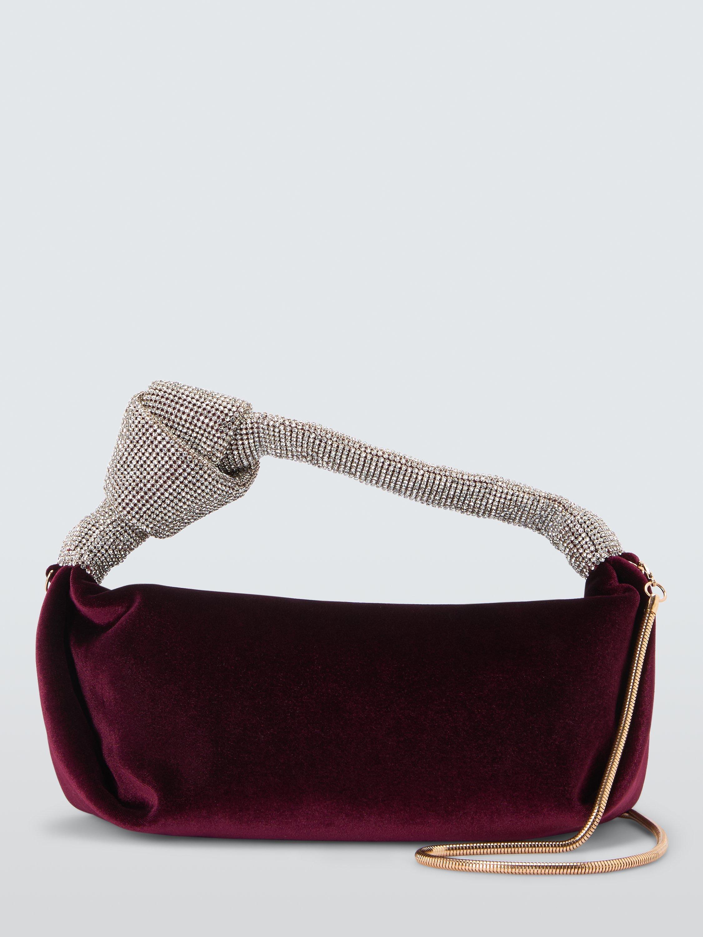 Product image 1 of 6, which shows John Lewis Velvet Knot Handle Zip Bag, Deep Red