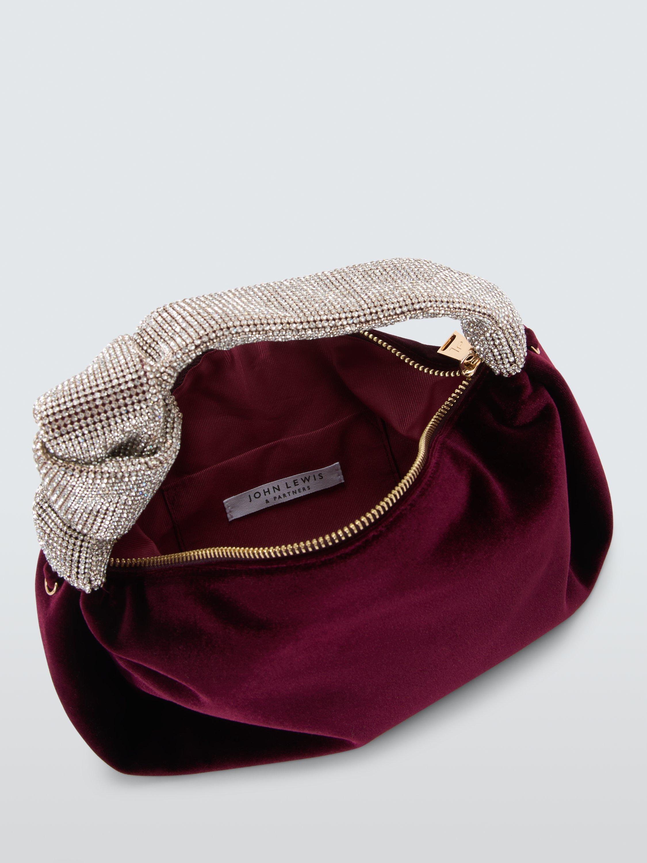 Product image 4 of 6, which shows John Lewis Velvet Knot Handle Zip Bag, Deep Red