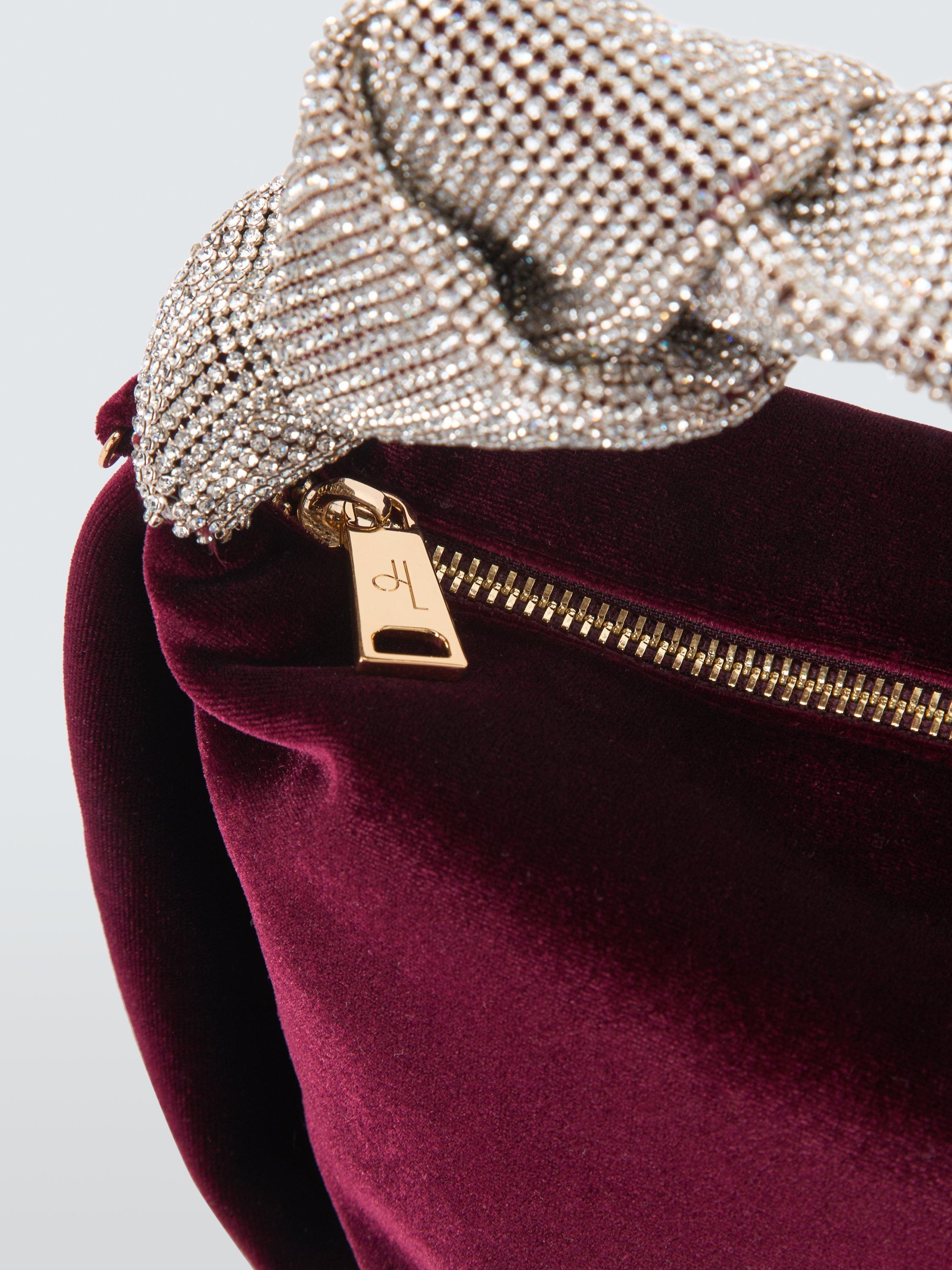 Product image 5 of 6, which shows John Lewis Velvet Knot Handle Zip Bag, Deep Red