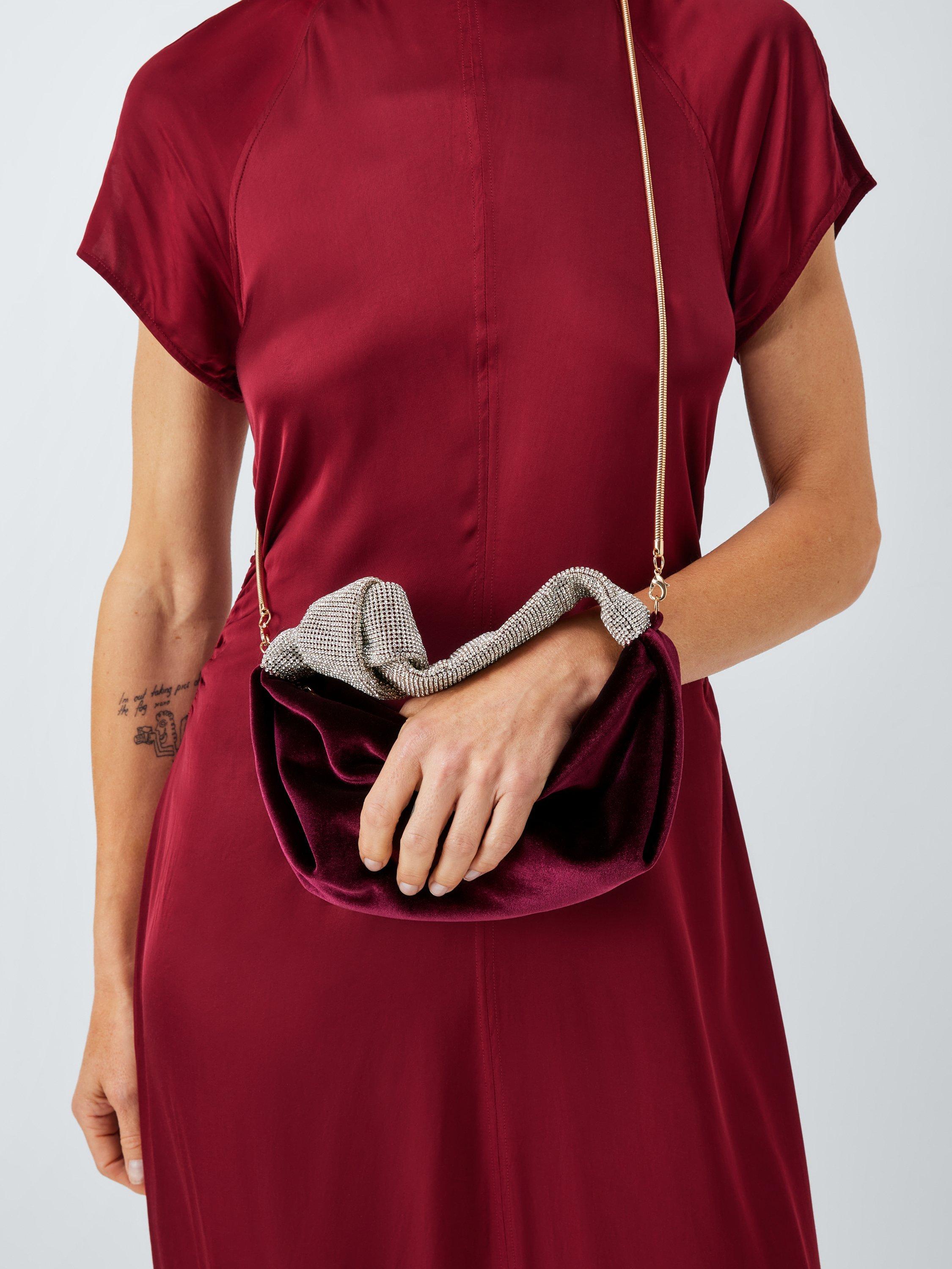 Product image 6 of 6, which shows John Lewis Velvet Knot Handle Zip Bag, Deep Red