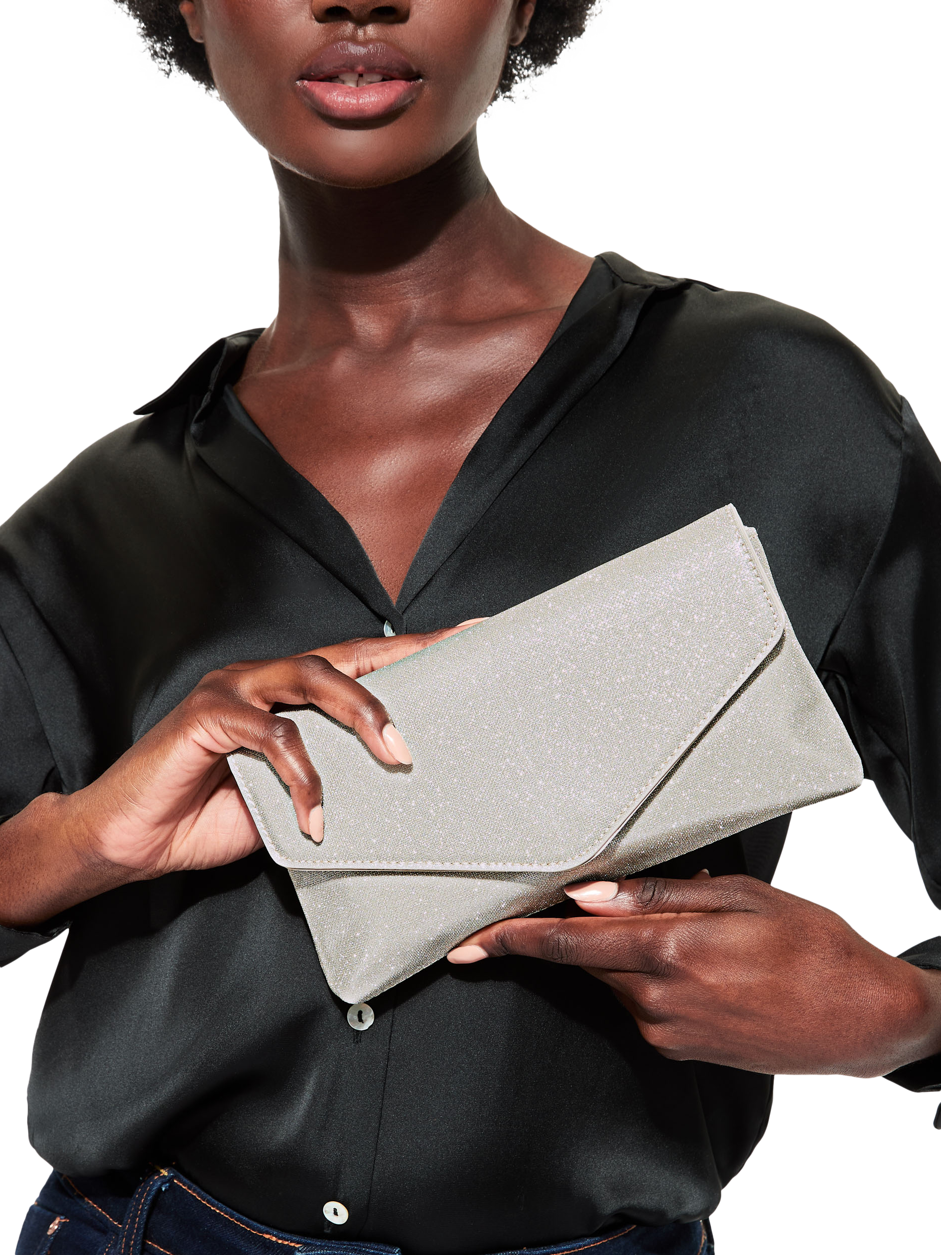 Product image 2 of 6, which shows KG Kurt Geiger Bella Clutch Bag, Silver