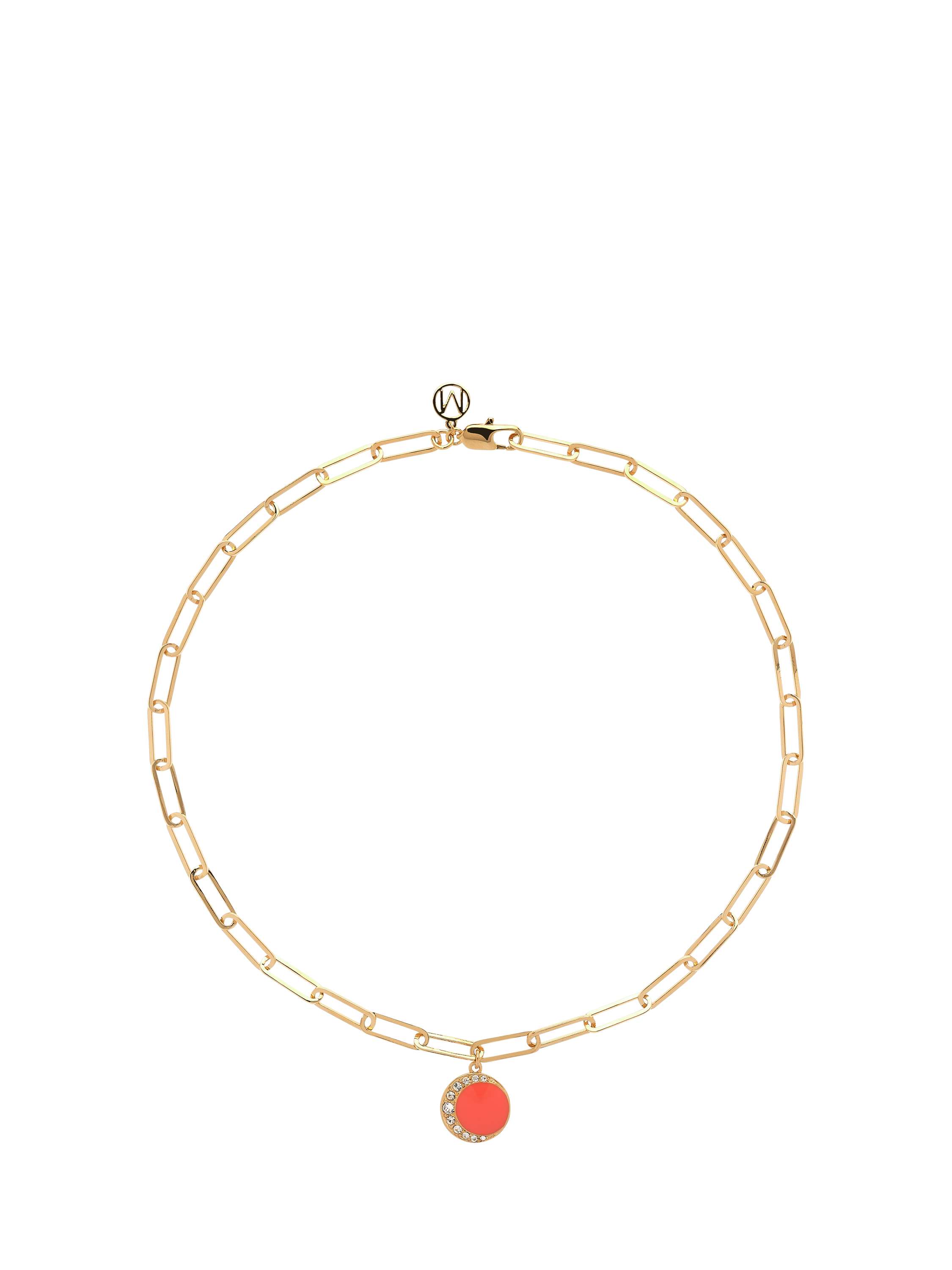 Product image 1 of 2, which shows Melissa Odabash Enamel Crystal Moon Paperclip Necklace, Gold/Coral