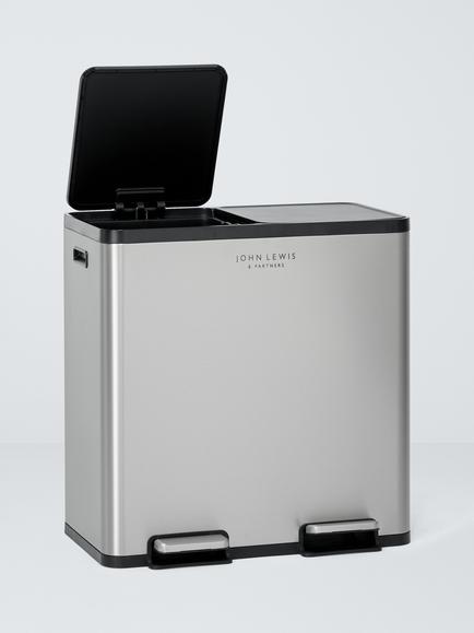 John Lewis 2 Section Recycling Bin, with Handles, 80L, Brushed Stainless Steel - view 2, Brushed Stainless Steel