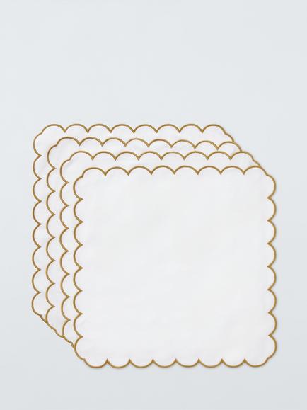 John Lewis Scallop Edge Cotton Napkins, Set of 4, Gold/White, Multi