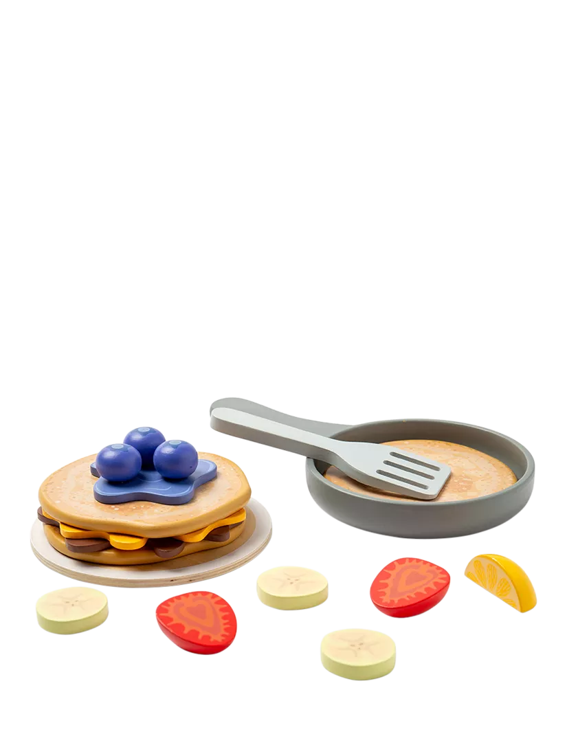 Image of John Lewis Kids' Wooden Pancakes Play Set, including a frying pan, spatular and pancake fruit fillings.