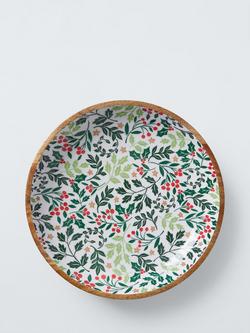 John Lewis Christmas Foliage Mango Wood Serving Bowl, 44cm, Natural/Green - view 2, Mango