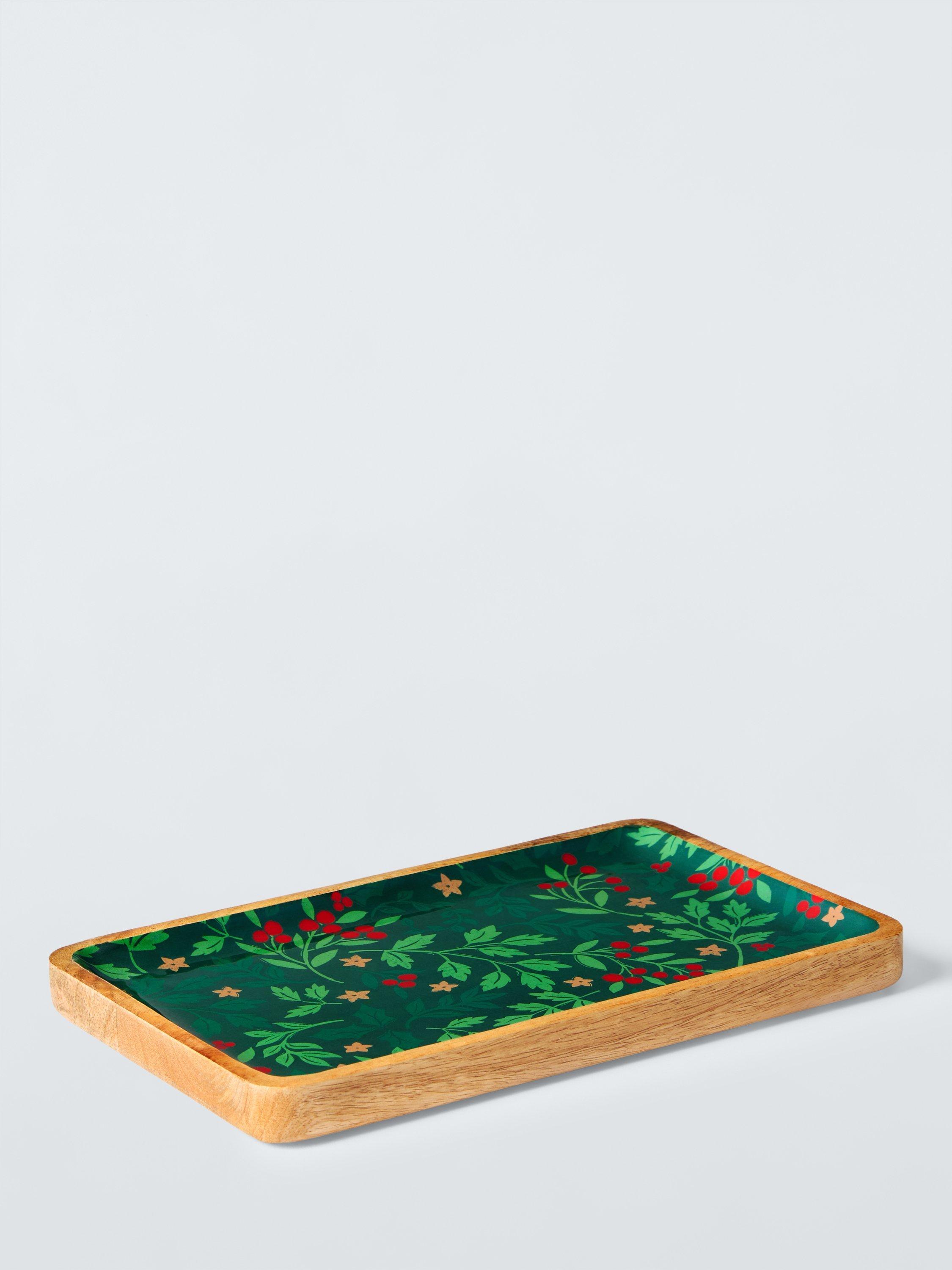 John Lewis Foliage Rectangular Mango Wood Platter, 34cm, Natural/Dark Green