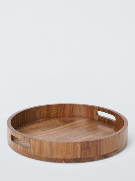 John Lewis Deep Round Acacia Wood Tray with Handles, 40cm, Natural, Natural