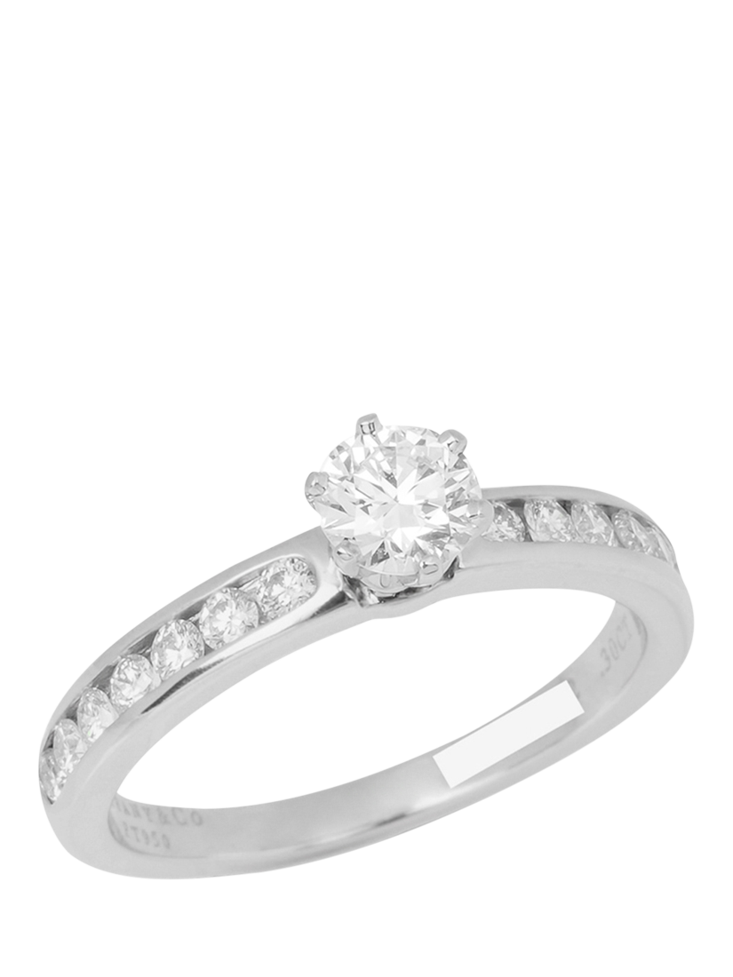 Product image 1 of 7, which shows Pre-loved Tiffany & Co. Brilliant Cut 0.30ct with Diamond Shoulder Platinum Tiffany Setting Ring, Size I