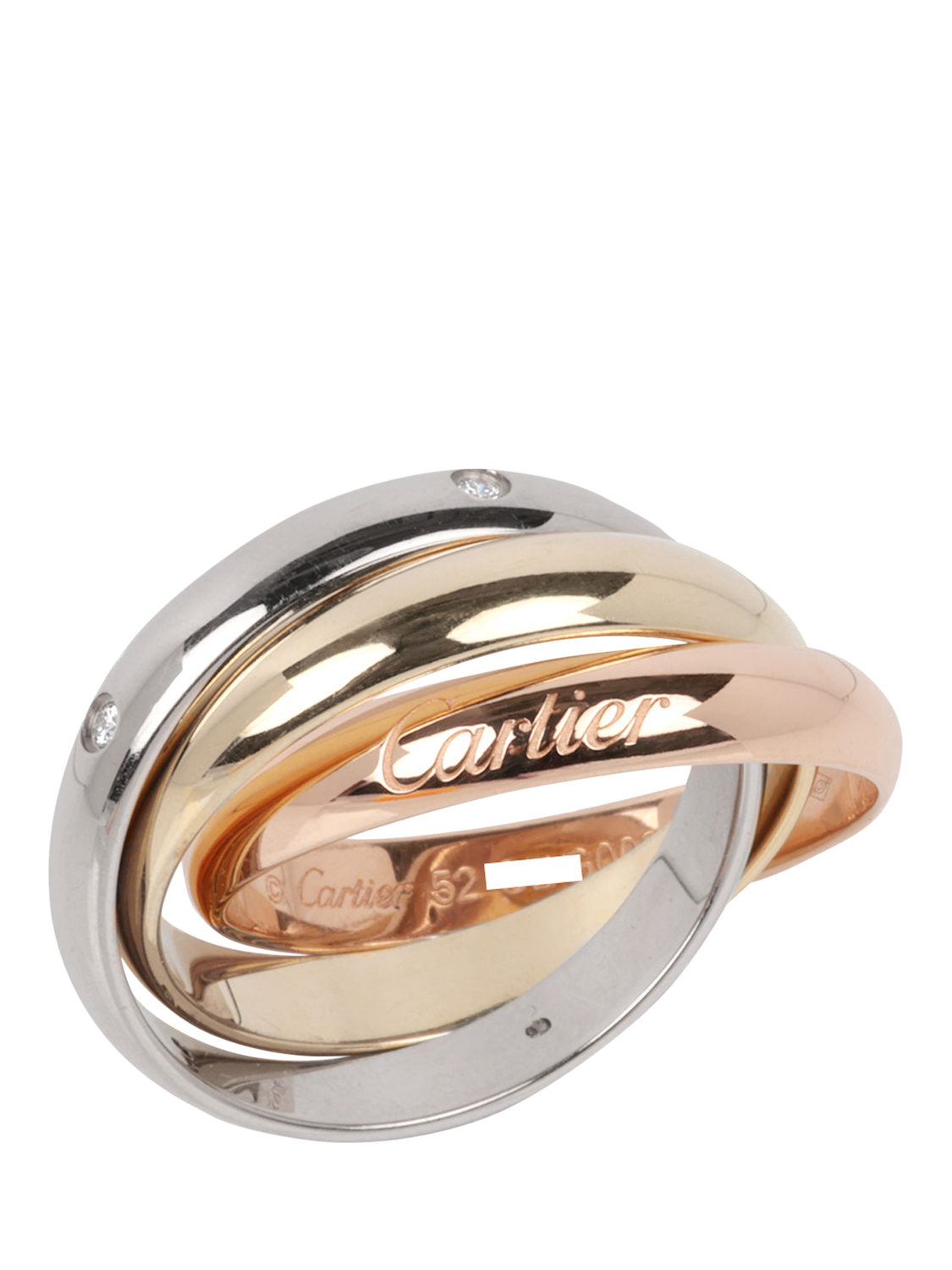 Product image 1 of 7, which shows Pre-loved Cartier Diamond Set 18ct White Gold, 18ct Yellow Gold and 18ct Rose Gold Medium Trinity Ring, Size L1/2