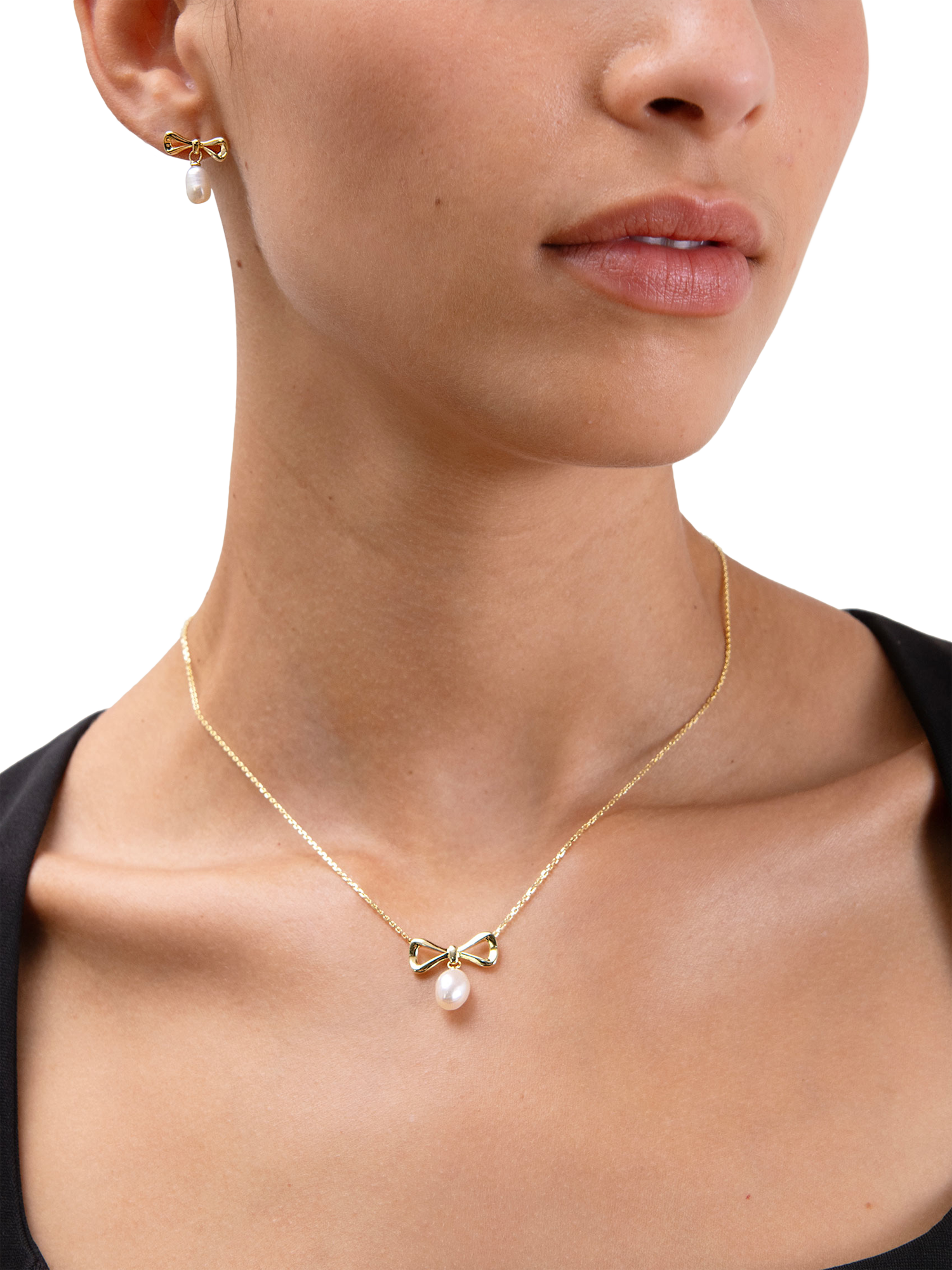 Product image 2 of 7, which shows Edge of Ember Bow Pearl Necklace, Gold