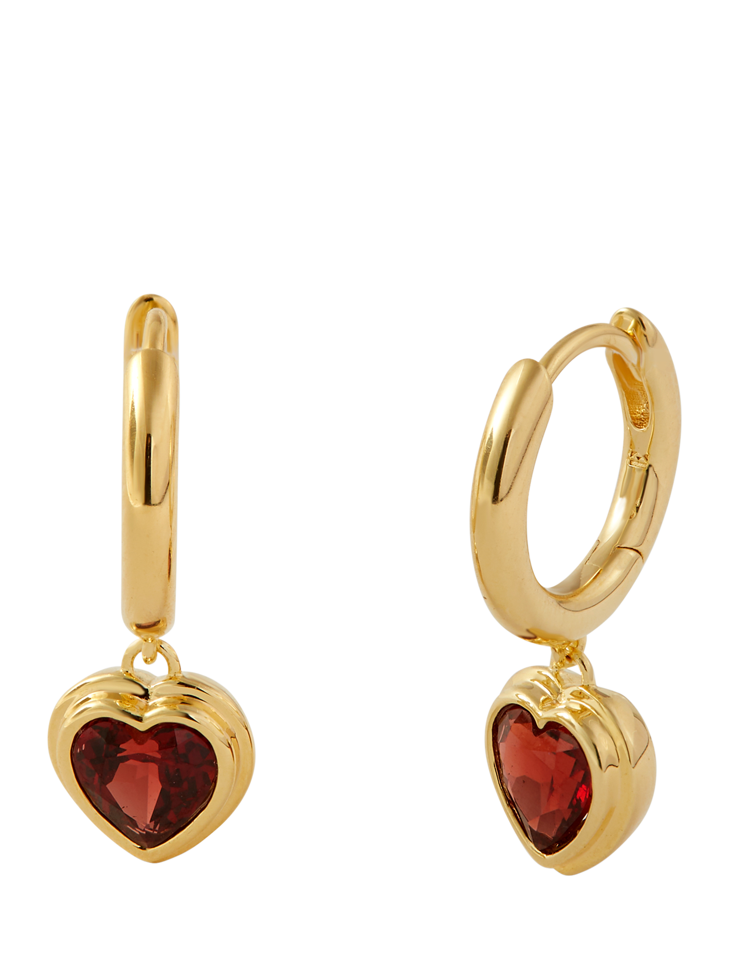 Product image 1 of 5, which shows Edge of Ember Garnet Heart Hoop Earrings, Gold