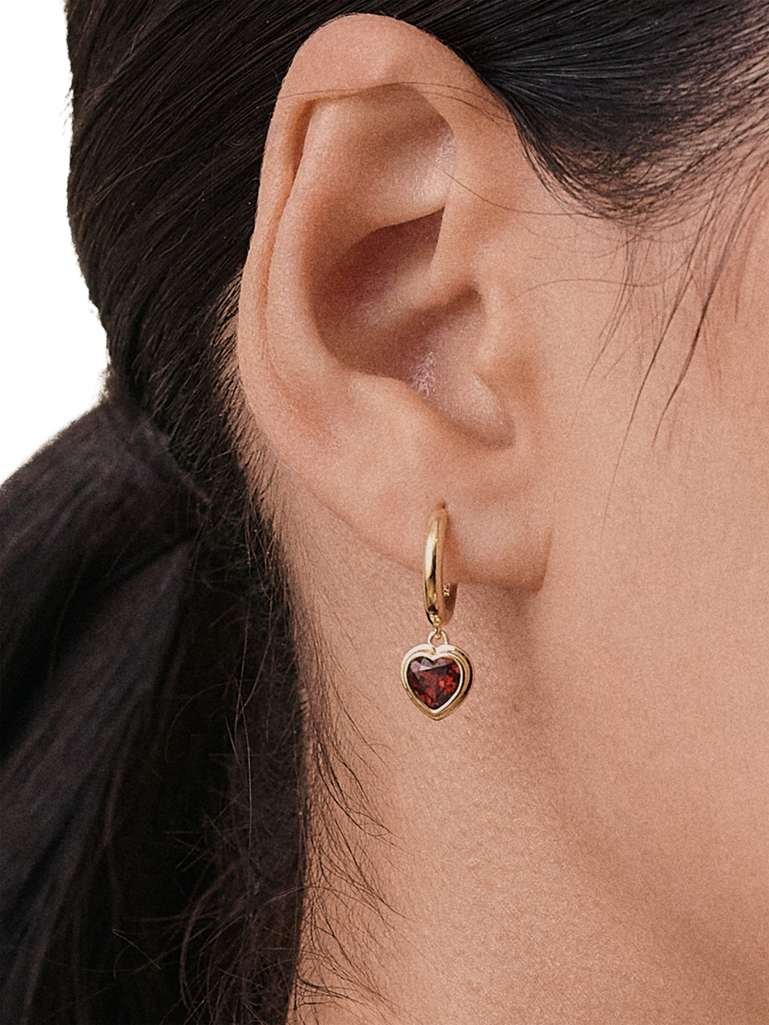 Product image 2 of 5, which shows Edge of Ember Garnet Heart Hoop Earrings, Gold