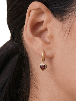 Edge of Ember Garnet Heart Hoop Earrings, Gold - view 2, Yellow Gold