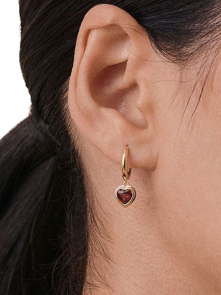 Edge of Ember Garnet Heart Hoop Earrings, Gold - view 2, Yellow Gold