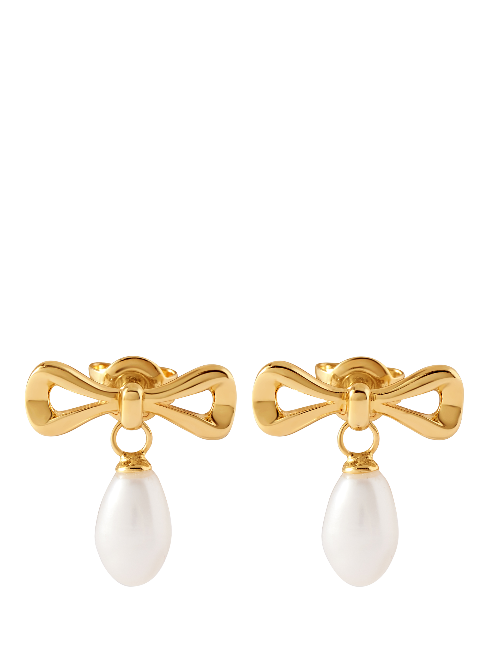 Product image 1 of 6, which shows Edge of Ember Bow Pearl Stud Drop Earrings, Gold